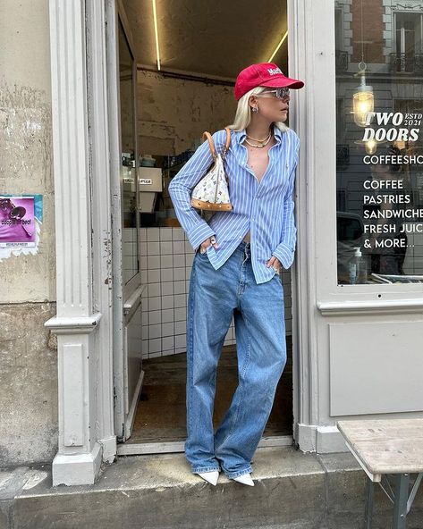 French Street Style Parisians, Outfits With Caps For Women, Blue Button Up Shirt Outfit, Red Cap Outfit, Cap Women Outfit, Denim Shirt Outfit Women, Vintage Casual Outfits, Red Heels Outfit, Red Shirt Outfits