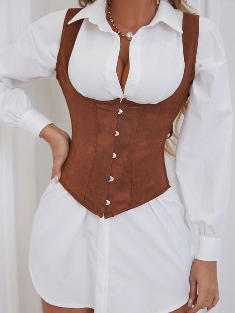 Couture, Corset Over Shirt, Shapewear Top, Shapewear Corset, Corsets Fashion, Corset Top Outfit, Brown Corset, Fashion Corset, Shapewear Tops