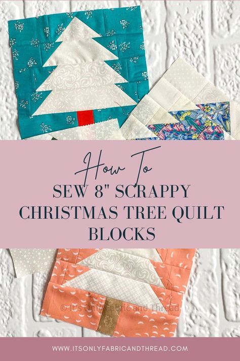 Use this 8″ Christmas Tree quilt block pattern to sew a forest of easy 8″ patchwork trees. The angled ends of the tree branches are simple to sew using a snowballed quilt corner method, which I will walk you through below. The tree is illustrated with a light background, but any colored fabric will work. Make your trees and background realistic or choose something entirely whimsical and scrappy! Patchwork, Christmas Present Quilt Block Pattern, Tree Quilt Block Pattern, Christmas Tree Quilt Block Patterns, Christmas Present Quilt, Christmas Tree Quilt Block, Christmas Tree Quilt Pattern, Modern Christmas Quilt, Quilted Christmas Gifts