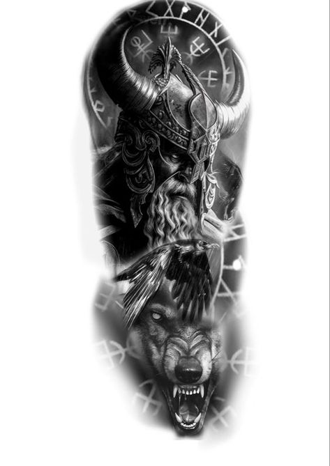 Viking tattoo design Odins Wolves Tattoo Design, Viking Men Tattoo, Vikings Arm Tattoo, Viking Tattoo Sleeve Designs, Odin Fenrir Tattoo, Vikings Sleeve Tattoo, Warrior Forearm Tattoo Men, Viking Sleeve Tattoo Design, Viking Half Sleeve Tattoo For Men