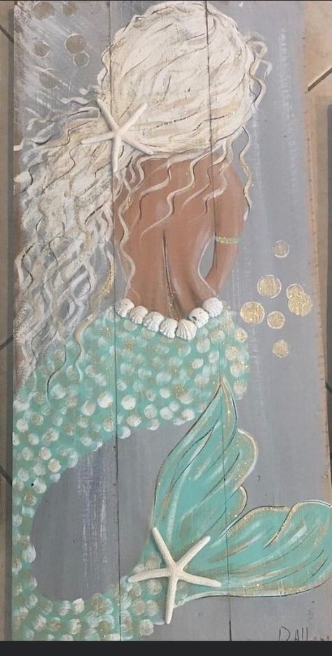 Mermaid Tail Art, Mermaids On Wood, Queen Of The Sea, Patio Art, Blue Tail, Nautical Crafts, Colored Pencil Artwork, Mermaid Painting, Mermaid Pictures