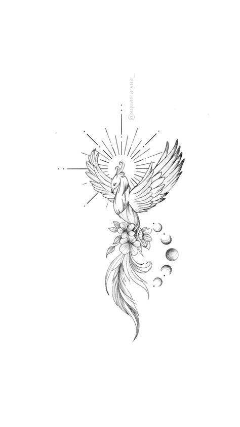 minimalist phoenix tattoo design, feminine phoenix tattoo, phoenix with flowers tattoo, phoenix and moon phases tattoo design, phoenix and sun tattoo design Phoenix Tattoo Arm, Feniks Tattoo, Phoenix Back Tattoo, Phoenix Tattoo Feminine, Small Phoenix Tattoos, Moon Phases Tattoo, Sun Tattoo Designs, Horoscope Tattoos, Boho Tattoos