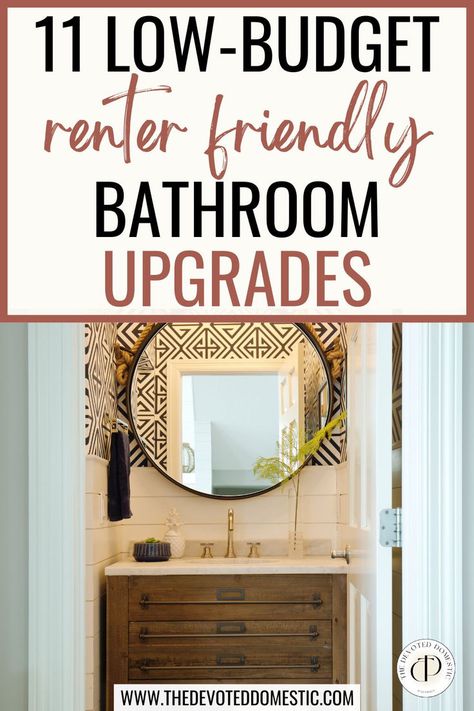 Looking for ways to freshen up an apartment bathroom without losing your security deposit? Here are 11 low-budget & non-damaging renter friendly bathroom upgrades you NEED to try! Long Bathroom Makeover, Bathroom Inspo Rental, Low Cost Bathroom Makeover, Upgrading Bathroom On A Budget, Rental Home Decorating Bathroom, Renter Friendly Half Bathroom Makeover, How To Update Bathroom On A Budget, Renter Shower Upgrade, Bathroom Upgrades For Renters