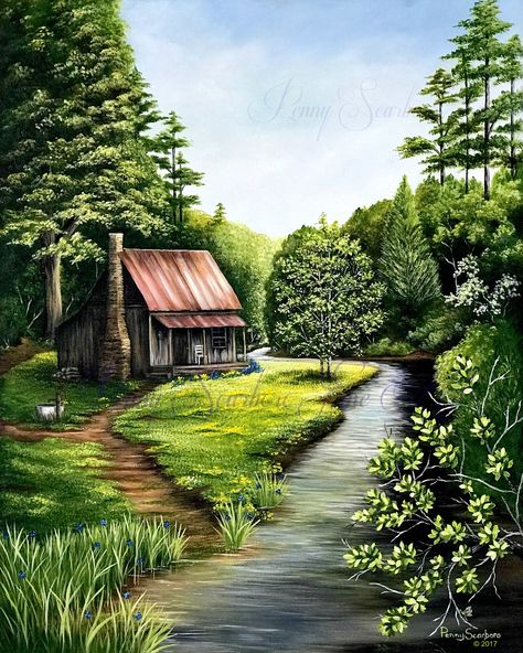 "Title:  \"Gone but Not Forgotten\" An original oil painting of an old weathered cabin sitting along side a stream deep in the woods. I am always inspired by places that time seems to have been forgotten. Places that may have once thrived with life now sits  alone, empty and forgotten. But even though it may rust and rot away, somewhere deep within the mind, the memories are still there, maybe slightly faded, needing to be renewed. If a good childhood memory has been triggered by this scene, the Tela, Cabin Wall Art, Mountain Architecture, Gone But Not Forgotten, Fishing Cabin, Hunting Cabin, Old Home, Cabin In The Woods, Original Landscape Painting