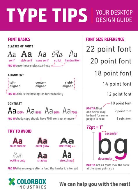 Type tips, desk design guide Basic typography, alignment and contrast, type best practices, font size guide, things to avoid. Design, graphic design, for all. Colorbox Industries. Serif, Slab Serif, Sans Serif, script, handwritten. Graphic Design Heirarchy, File Types Graphic Design, Typography Tips And Tricks, Typography In Graphic Design, How To Guide Design Layout, Graphic Design Tips Ideas, Typography For Websites, Graphic Design Tips Cheat Sheets, Graphic Design Guide