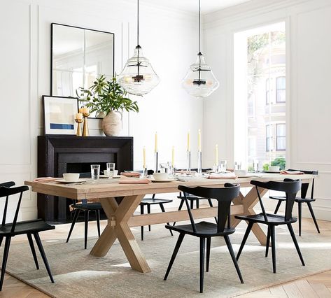 An Extendable Farmhouse Dining Table: Toscana Extending Dining Table Potterybarn Dining Room, Two Pendants Over Dining Table, Light Wood Table With Black Chairs, Pendants Over Dining Table, Pottery Barn Dining Room Ideas, Pendant Light Over Dining Table, Pendant Lighting Over Dining Table, Black Pottery, Extending Dining Table