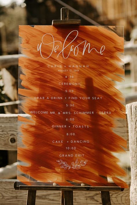 Fall Wedding Gifts For Guests, Green And Orange Fall Wedding, Paint Wash, Rusting Wedding, Burnt Orange Weddings, Wood Details, Future Wedding Plans, Acrylic Wedding, Orange Wedding