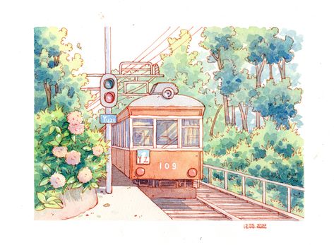 Cute Painting Ideas Watercolor, Watercolor Ink Illustration, Watercolor Landscape Illustration, Watercolor Book Painting, Cute Watercolor Illustration, Watercolor Illustration Ideas, Japan Drawing Aesthetic, Art Inspo Painting, Watercolor Paintings Ideas