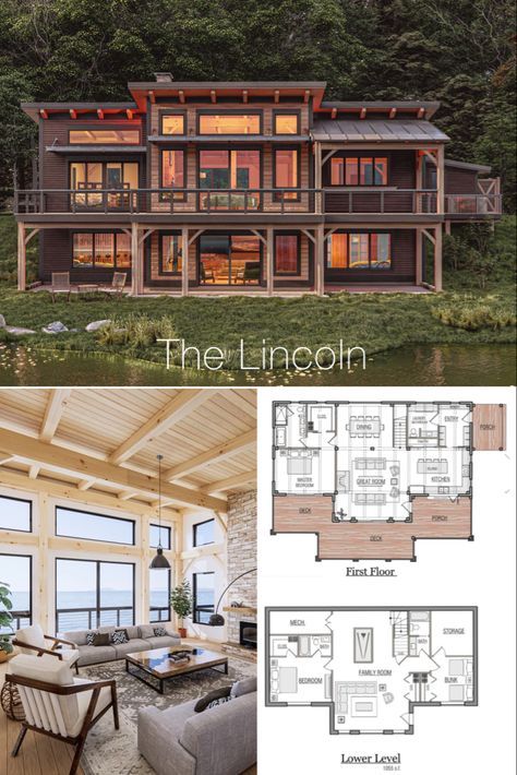 Timber Frame House Plans, Frame House Plans, Home Layouts, Modern Timber Frame, Timber Frame House, Modern Lake House, Cabin Floor Plans, Modern Mountain Home, Cabin House Plans