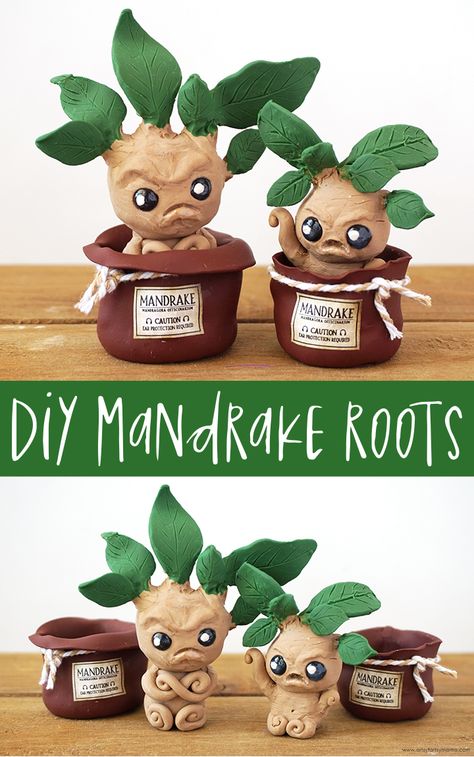 DIY Harry Potter Mandrake Roots #harrypotter #harrypottercrafts #mandrakeroots #mandrake #polymerclay #sculpey #mandrakes #claycrafts #clayprojects Harry Potter Pots, Harry Potter Mandrake Diy, Harry Potter Stuff Diy, Harry Potter Tiered Tray, Mandrakes Harry Potter, Clay Crafts Harry Potter, How To Make Harry Potter Stuff, Harry Potter Arts And Crafts, Mandrake Pot