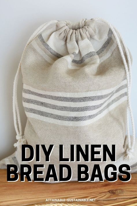 Wondering how to keep bread fresh? Here's how to make a DIY linen bread bag to keep bread fresh longer. You can make a bag from thrifted linen in 15 minutes! You'll never wonder how to keep bread fresh again. #sewingproject # Store Homemade Bread, Beginning Sewing, Linen Bread Bag, Loaves Of Bread, Make A Bag, Wheat Bag, Damask Linen, Bread Bag, Linen Dinner Napkins