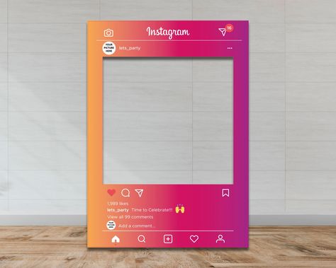 A1 (594x841mm) or A0 (841x1189mm) size party selfie frame in a Instagram style gradient! This product is completely editable - we can change the username, number of likes and comment to whatever you want! Simple send us your request when making your purchase. This lightweight selfie frame is made of a durable material that is extremely easy to hold, and delivers an extremely high quality print. The frame comes fully assembled so you can open and use straight away! We offer three types of material choices: 4mm Correx - a lightweight material, with slight ridges within it. 5mm Foamex - a completely smooth material that is slightly sturdier. 10mm Stadur - a lightweight but rigid board with a  smooth matt surface.*At this moment in time we can only deliver to MAINLAND UK* **NOTE** Please be ad Instagram Photo Booth, Colourful Party, Instagram Gradient, Party Selfie, Photobooth Props Printable, Selfie Frame, Tv Photo, Christmas Photo Booth, Floral Party