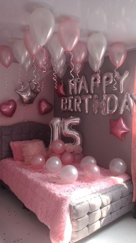 Pink Birthday Bedroom Decorations, Bday Room Decoration Ideas, 13 Birthday Balloons, Birthday Decorations Bedroom, Unique Birthday Decoration Ideas, Bedroom Birthday Decorations, Birthday Bedroom Decorations, Room Decoration For Birthday Surprise, Birthday Decor Pink