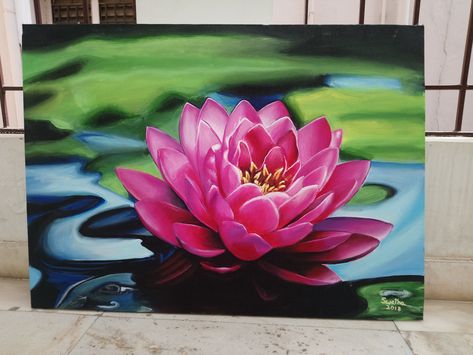 Lotus Painting Acrylic Canvases, Big Painting Ideas Canvases, Lotus Painting Acrylic, Long Canvas Painting Ideas, Boho Acrylic Painting, Vastu Painting, Lotus Abstract, Seni Mural, Lotus Flower Painting