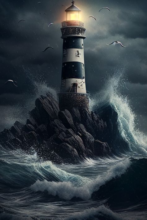Lighthouse Storm Drawing, Lighthouse On Rocks, Old Ships At Sea, Stormy Sea Aesthetic, Light House Photography, Dark Lighthouse, Light House Drawing, Light House Art, Light House Painting