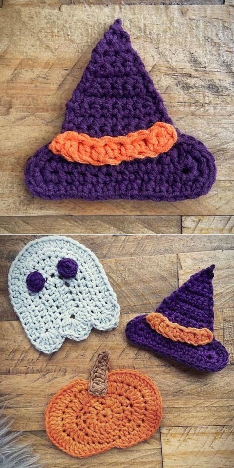 Amigurumi Patterns, Halloween Granny Square Crochet, Crocheted Halloween, Crochet Feather, Halloween Applique, Crochet Applique Patterns Free, Crochet Appliques, Crochet Garland, Fall Crochet Patterns