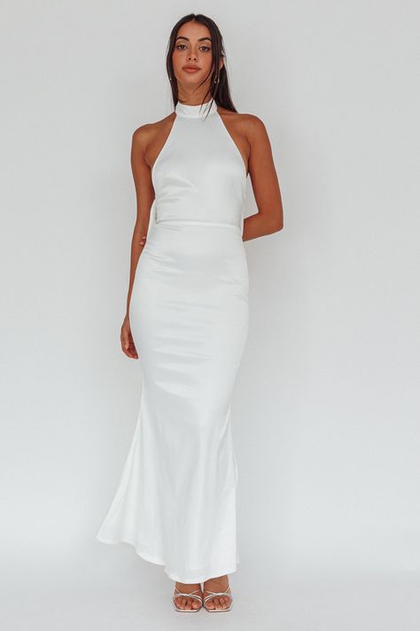 Shop the Fifth Avenue Bow Back Maxi Dress White | Selfie Leslie White Long Dresses Formal, White Graduation Dress High School, White Long Dress Formal, Graduation Dress High School, Leslie White, White Prom Dress Long, Graduation Dresses Long, Confirmation Dresses, White Dresses Graduation