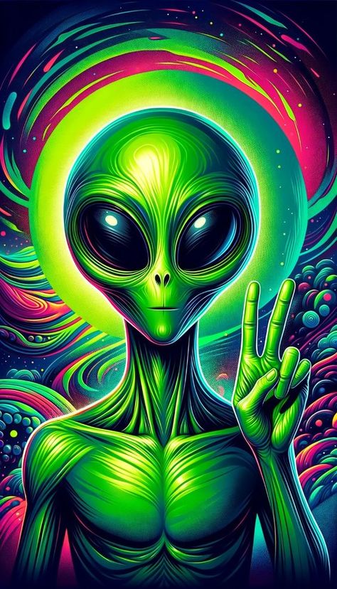 👽✌️ Vibrant Alien Victory ✌️👽  Dive into the world of extraterrestrial fun with this vivid and colorful artwork of a green alien flashing the victory sign. Bursting with bright colors and playful energy, this image captures the whimsical side of space and alien life. Perfect for those who love sci-fi, vibrant art, and a touch of the extraordinary. Bring a splash of cosmic joy to your day with this unique and cheerful alien artwork! #AlienArt #VictorySign #VividColors #SciFiFun #ExtraterrestrialJoy Alien Digital Art, Sci Fi Drawing, Alien Art Drawing, Aliens Aesthetic, Aliens Wallpaper, Alien Love, Alien Wallpaper, Alien Painting, Peace Hand Sign