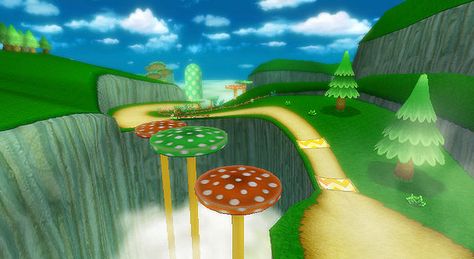 Mushroom Gorge from Mario Kart Wii Mario Cart Wii, Mushroom Background, Mario Kart Party, Nintendo Mario Kart, Mario Kart Wii, 2010s Nostalgia, Super Mario Galaxy, First Animation, Mario Kart