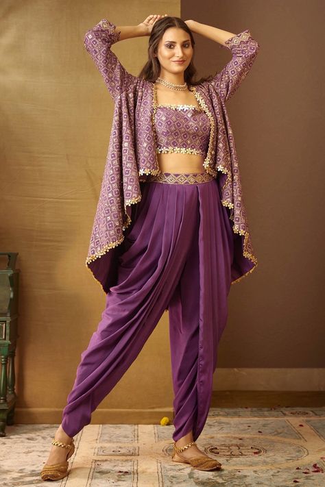 Purple pleated dhoti pant set with asymmetric hem printed cape Dull Purple, Patiala Pants, डिजाइनर कपड़े, Diwali Outfits, Dhoti Pant, Trendy Outfits Indian, Outfits Woman, Traditional Indian Dress, Dhoti Pants