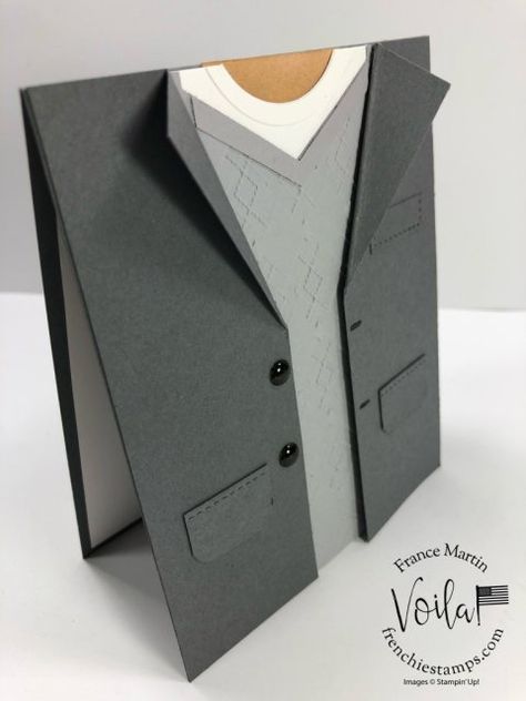 Men Sport Jacket Card. It is a no tie day. Just a cut and fold and you have the vest, jack and tee all done. All supplies by Stampin\'Up! available at frenchiestamps.com #stampinup #stamping #frenchiestamps #cardmaking #papercrafts #handmadecards #stampingtechniquehowtovideo #mensportjacketcard Tie Day, Jacket With Jeans, Sport Jacket Men, Fancy Dress Up, Masculine Birthday Cards, Boy Cards, Men Sport, Sport Jacket, Birthday Cards For Men