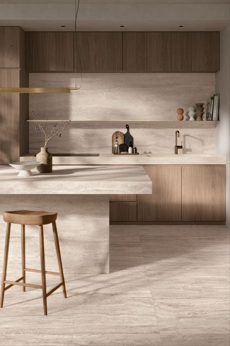 Modern Köksdesign, Japandi Kitchen, Marble Effect Tiles, Minimal Kitchen, Travertine Floors, Unglazed Porcelain, Floor Edging, Travertine Stone, Calacatta Marble