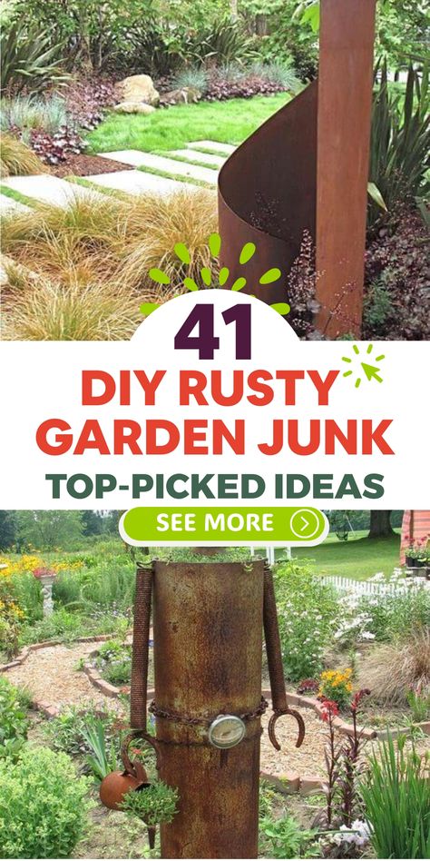 Discover innovative ways to enhance your garden with rustic charm through these insightful DIY rusty garden junk ideas. Repurpose old metal barrels as planters, or fashion discarded tools into unique sculptures. Embrace the elegance of upcycling to breathe new life into overlooked treasures. Elevate your outdoor sanctuary with a vintage touch that exudes character and creativity without breaking the bank. Upcycling, Iron Planters Ideas, Old Chairs Repurposed Diy Projects, Garden Junk Ideas, Outdoor Metal Plant Stands, Recycled Garden Planters, Rusty Metal Garden Art, Diy Garden Decor Projects, Spiral Garden