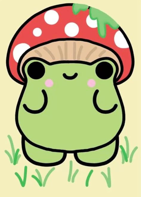 Frogs And Mushrooms Drawing, Cute Aesthetic Frog Drawing, Cute Ideas For Painting Easy, Frogies Drawings, Kawaii Cute Mini Drawings, Cute Frog Drawing Aesthetic, Cute Froggy Drawing, Cartoon Art Simple, Cute Frogs Drawing