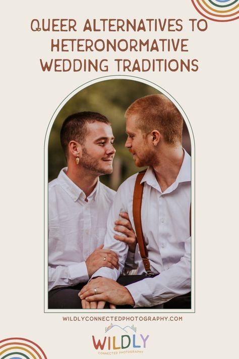 Ready to ditch the heteronormative wedding traditions? Many queer and straight couples are exploring alternative wedding traditions that better reflect their values, identities, and relationships. Especially if you’re part of the LGBTQ+ community, these unique wedding traditions are often necessary because we don’t fit society’s expectations neatly. Explore some creative alternatives that can help reflect your unique love story at wildlyconnectedphotography.com Queer Wedding Vows, Non Traditional Lesbian Wedding, Humanist Wedding Ideas, Small Queer Wedding, Queer Wedding Reception, Nonbinary Wedding Ideas, Trans Wedding Ideas, Alternative Wedding Aesthetic, Lgbtq Wedding Two Grooms