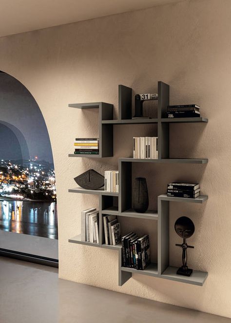 wall bookcase for modern living room | LagoLine Bookshelf | LAGO Bookshelf Ideas Bedroom, Modern Bookshelf Design, Bookshelf Designs, Modern Shelf Design, Unique Bookcase, Wall Mounted Bookshelves, Shelf Decor Living Room, Bookshelves In Living Room, Modern Wall Shelf