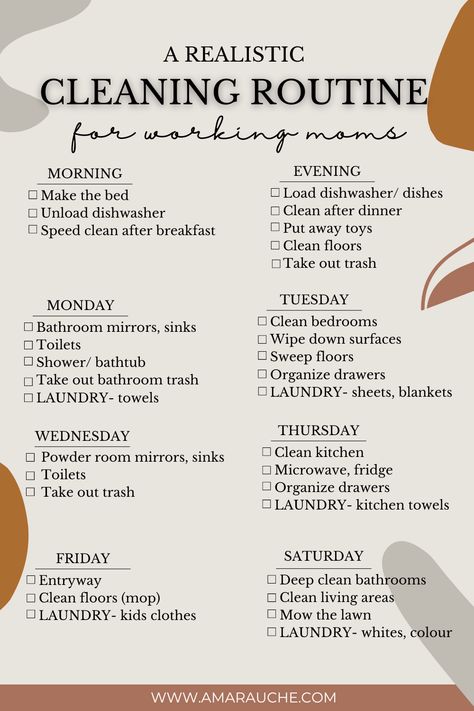The Best Realistic CLEANING SCHEDULE FOR Working MOMS - Amara Uche Organisation, Cleaning Routine For Working Moms, Realistic Cleaning Schedule, Working Mom Cleaning Schedule, Tips For Working Moms, Simple Cleaning Routine, Daily Rhythm, Life Hacks Cleaning, Cleaning Organization