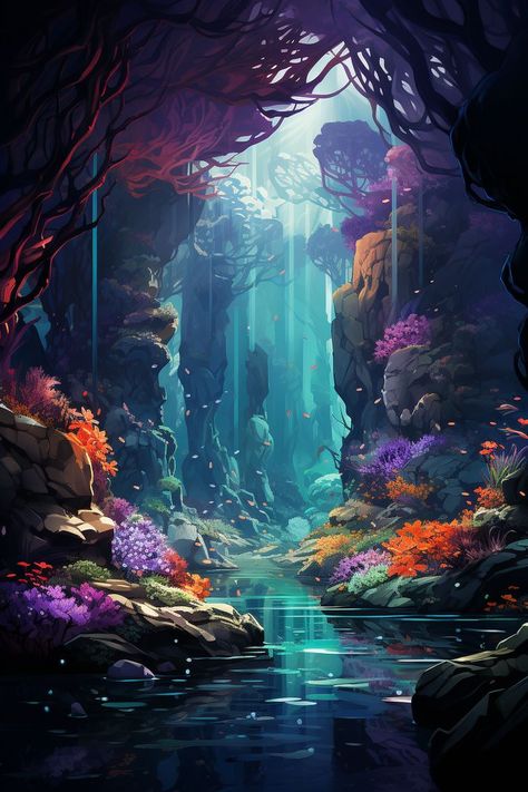 Wonderland Fantasy Art, Deep Sea Creatures Art, Fantasy Landscape Art, Ocean Sea Creatures, Glowing Jellyfish, Underwater Cave, Background Fantasy, Art Niche, Ocean Drawing