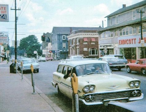 Main Street in Union looking West.   ~1960's~ Southern Tier, Binghamton New York, Union City, Johnson City, Old Signs, American Cars, Local History, Main Street, Bingo