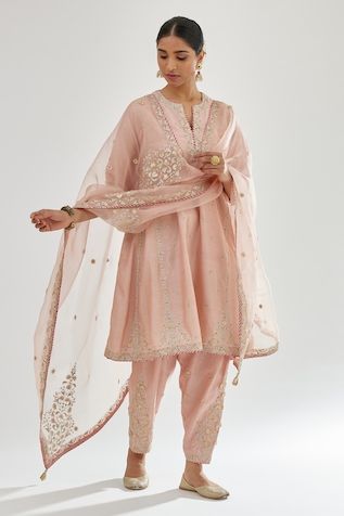 Buy Pink Anarkali And Pant Silk Chanderi Embroidery Zari V Neck Set For Women by KORA Online at Aza Fashions. Kalidar With Salwar, Pink Salwar Suit Design, Narrow Salwar Design, Afghani Salwar Suit, Pink Salwar Suit, Velvet Suit Design, Kalidar Kurta, Cotton Suit Designs, Sheer Dupatta