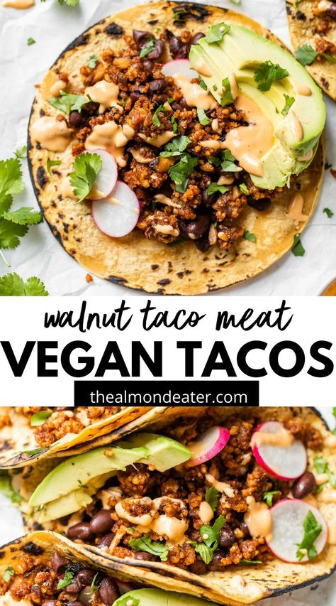 Walnut Tacos, Vegan Taco Meat Recipe, Walnut Taco Meat, Meatless Taco, Vegan Tacos Recipes, Vegan Tacos Meat, Vegan Ground Beef, Lentil Tacos, Taco Meat Recipes