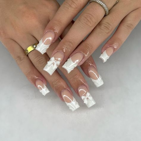 simple white french tip 3d nail art chrome and white nail bow graduation square acrylic nails for spring Simple French Nails Design, Acrylic Nails 3d Designs, White 3d Nails, Acrylic Nails With White Tips, Square White Nails, Acrylic Nails For Spring, Nails Square White, Nail Bow, 3d Acrylic Nail Art