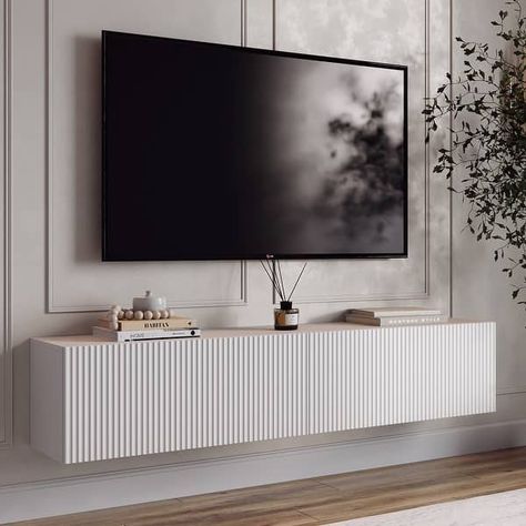 Tv Stand Decor Living Room, Tv Wall Panel, White Tv Unit, Interior Stair Railing, Bedroom Tv Wall, Tv Stand Decor, White Tv Stands, Floating Tv Stand, Living Tv