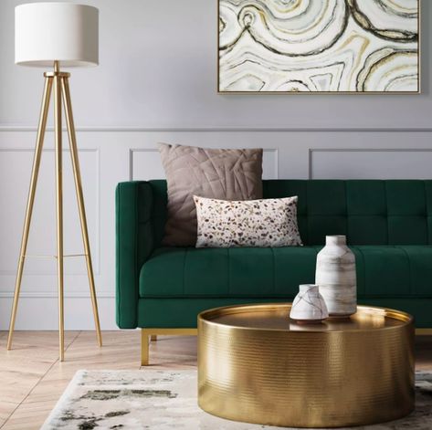 17 Pieces Of Furniture From Target That People Actually Swear By Cushion For Green Sofa, Emerald Green Chair Bedroom, Emeral Green Sofa, New York Living Room Decor, Emerald Sitting Room, Interior Design Green Sofa, Green Gold Pink Living Room, Living Room Decor Green And Gold, Green Accent Apartment