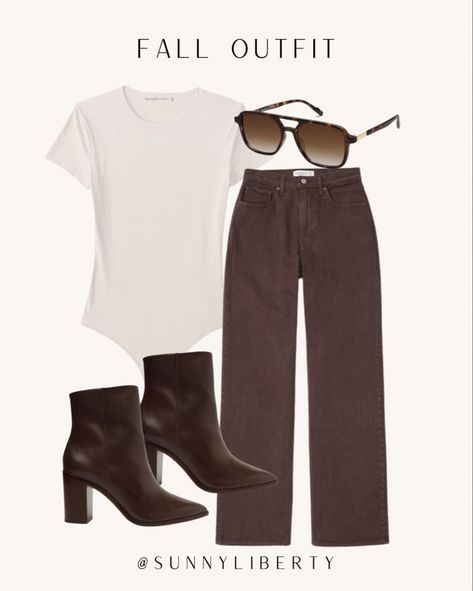 Brown jeans for fall. I have these and absolutely love them. The relaxed fit from Abercrombie is my fav. autumn | fall | fall outfit | fall transitional | warm weather fall | sunglasses | bodysuit | fall shoes | fall boots | booties | chocolate brown | trending colors | chocolate brown | fall aesthetic | pinterest outfit | styled outfit | what to wear | everyday outfit | weekend outfit | going out outfit | cool girl aesthetic | jeans | pants | tops Follow my shop @sunnyliberty on the @shop. Chocolate Jeans Outfit, Chocolate Brown Jeans Outfit, Brown Jeans Outfit Winter, Chocolate Brown Boots Outfit, Dark Brown Jeans Outfit, How To Style Brown Jeans, How To Style Brown Boots, Brown Pumps Outfit, Brown Dress Pants Outfit