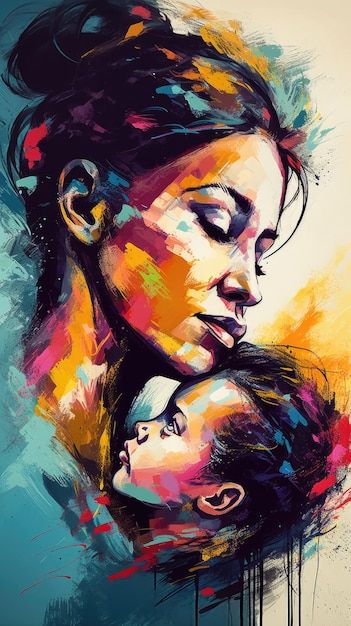 A painting of a mother and child for mot... | Premium Photo #Freepik #photo #mother-illustration #mothers-day-poster #mothers-day-mom #mother-day-background Sketches For Mother’s Day, Art For Mother Day, Painting On Mother, Mother's Day Artwork Paintings, Painting Ideas On Mother's Day, Poster For Mothers Day, Mothers Day Special Painting, Sketches For Mothers Day, Mother Daughter Acrylic Painting