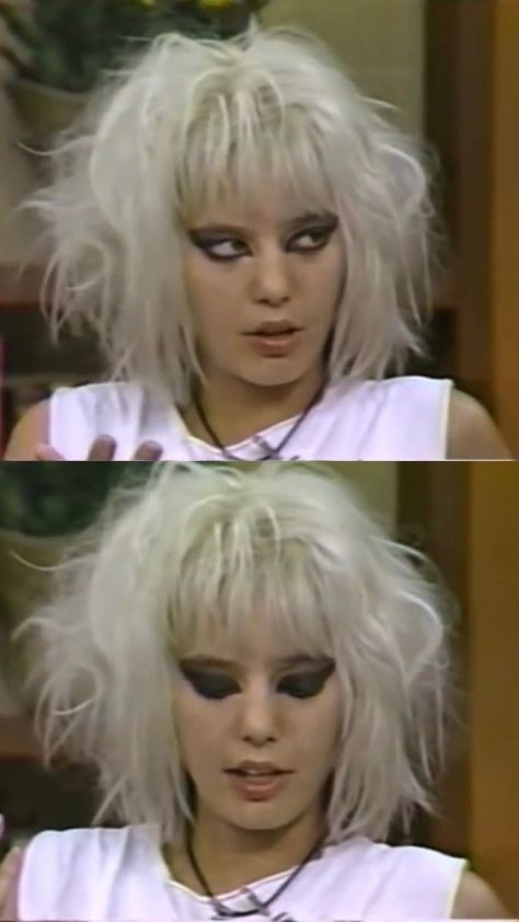 Morning Show - NYHC (1986) 1980s Punk Makeup, New Wave Hair 80's, Punk Makeup Looks 80s, 80s Alt Makeup, 80s Punk Hair Women, 90s Punk Hairstyles, 80s Hair Metal Aesthetic, Black Hair Blonde Eyebrows, Riot Grrrl Makeup