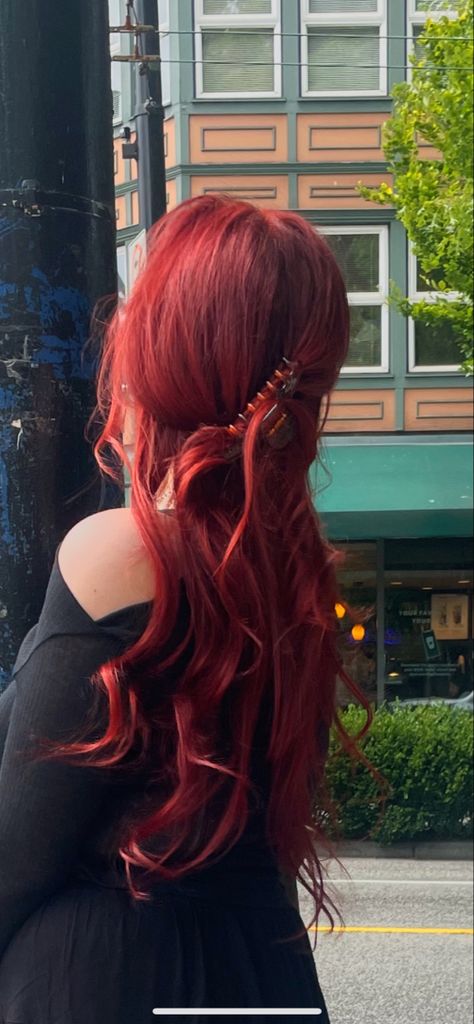 Reddish Orange Hair Color, Natural Red Hair Inspo Color, Red Ginger Hair Aesthetic, Red Hair And Red Dress, Fire Truck Red Hair, Red Velvet Cake Hair Color, Red Hair Green Eyes Aesthetic, Long Dyed Red Hair, Red Hair No Face