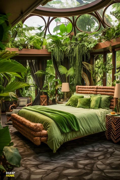 Green Tropical Bedroom, Exotic Bedrooms, Nature Inspired Bedroom, Tropical Bedroom, Forest Bedroom, Jungle Bedroom, Natural Bedroom Decor, Natural Bedroom, Jungle House