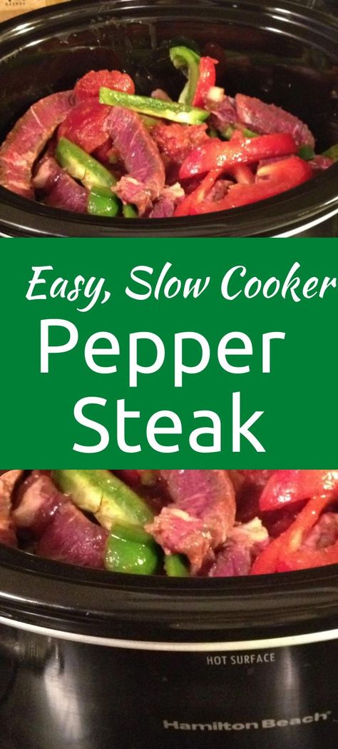 Super easy Slow Cooker Pepper Steak recipe made in a crock pot with beef and bell peppers. slow cooker pepper steak crock pots | Slow cooker pepper steak | slow cooker beef | slow cooker bell pepper recipes | slow cooker steak recipes | crockpot steak recipes slow cooker easy dinners | steak crockpot recipes easy | slow cooker steak recipes | slow cooker healthy meals | simple weeknight dinners | weeknight meals for family | easy quick crockpot meals | quick and easy crockpot dinner recipes Crockpot Stir Fry Beef Slow Cooker, Flank Steak Crockpot Recipes Slow Cooker, Ranch Steak Recipes Slow Cooker, Steak Crockpot Recipes Easy, Pepper Steak Recipe Crock Pot, Slow Cooker Pepper Steak Recipe, Peper Steak, Beef Chart, Steak Crockpot