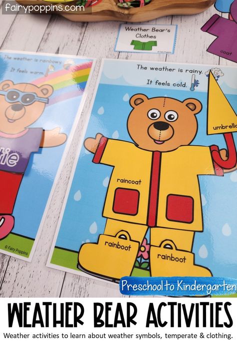 These hands-on weather activities include a dress the weather bear, weather chart, activity mats and weather worksheets. They help kids learn about weather symbols, temperature and suitable clothing for each type of weather. #weatheractivities #weatherunit #weatherbear #weatherchart #weatherworksheets #prek #preschool #kindergarten #firstgrade Weather Games For Kids, Bear Activities For Preschool, Weather Kindergarten, Weather Activities Preschool, Bear Activities, Weather Activities For Kids, Weather Worksheets, Preschool Weather, Weather Crafts