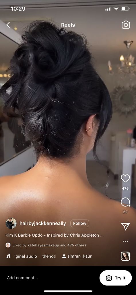 Kim Kardashian Messy Bun Updo, Kim K Hair Up Do, Kim K Barbie Updo, Kim K Updo Hairstyles, Kim K Updo, Hair For Halter Dress, Loose Ponytail Hairstyles, Elegant Hairstyles For Long Hair, Bridal Shower Makeup