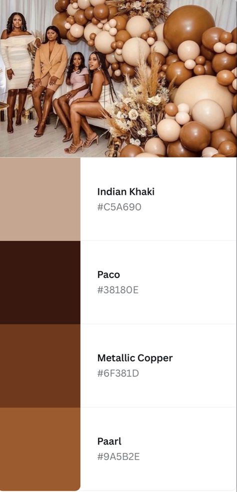 Brown And Nude Dresses, Party Color Palette Birthday, Brown And Beige Birthday Theme, Shades Of Brown Brunch Outfit, Neutral 21st Birthday Decorations, Dinner Color Schemes, Brown Brunch Decor, Earth Tone Party Decor, Brown Theme Dessert Table