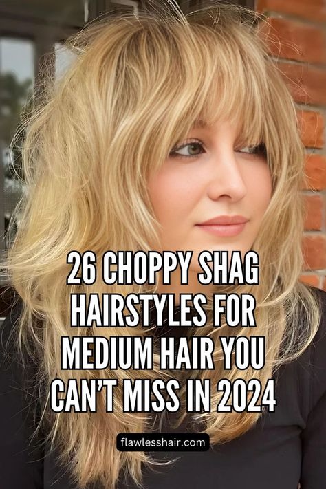 Shaggy Butterfly Style Med Shag With Bangs, Shag Without Bangs Hairstyles, Mid Length Hair Choppy Layers, Curly Shaggy Hair With Bangs, Shag Haircut From The Back, Shaggy Choppy Layers, Current Bangs With Layers, Medium Bob Long Bangs, Medium Shag For Thick Hair