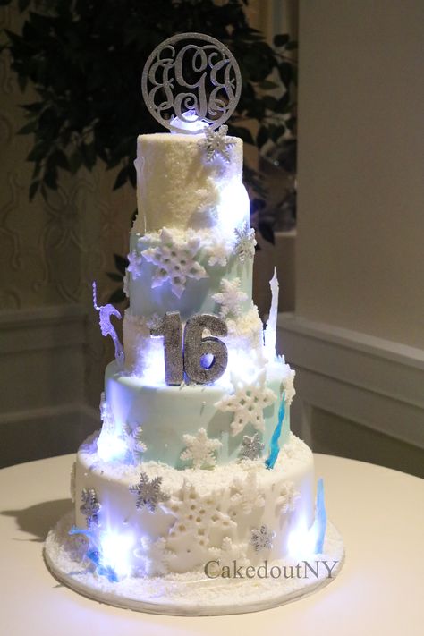 "Ice Queen" themed sweet 16 cake, frozen themed cake, winter cake Winter Wonderland Bday Cake, Sweet 16 Party Winter Wonderland Theme, Sweet 16 White Theme, Winter Wonderland Sweet 16 Cake, Winter Sweet 16 Dresses, Winter Wonderland Sweet 16 Ideas, Sweet 16 Disney Theme, Icicle Cake, Elsa Theme