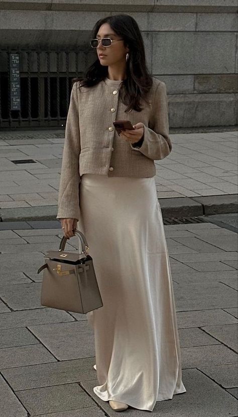 Beige Classy Outfit, Satin Skirt With Cardigan, Satin Skirt Outfit Classy, Elegant Skirt Outfits, Satin Skirt Outfits, Effortless Aesthetic, Silk Skirt Outfit, Flatlay Clothes, Long Silk Skirt